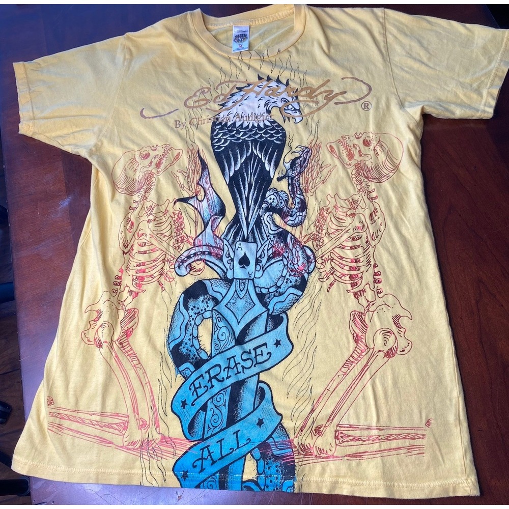 Ed Hardy T Shirt Mens Large Snake Sword Tattoo‎ Art Eagle Yellow Y2K